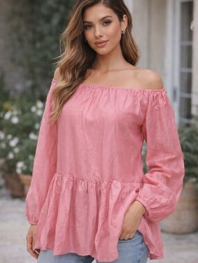MABLE Off Shoulder Pink Smocked Peplum Top Spring Flowy Chic Balloon Sleeve